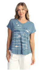 Jess & Jane Jess & Jane Blue  Fin Friends Graphic Print  V-Neck S/S Top