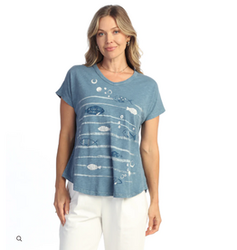 Jess & Jane Jess & Jane Blue  Fin Friends Graphic Print  V-Neck S/S Top