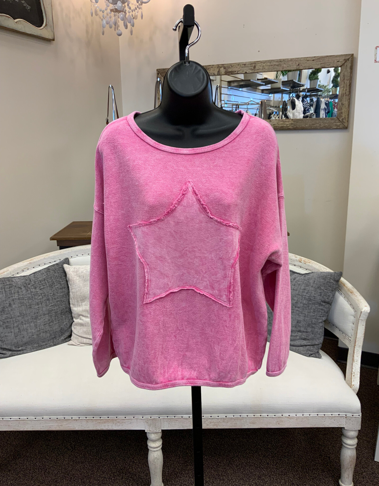 Cotton Lani Cotton Lani Pink Star Round Neck L/S 100% Cotton Top