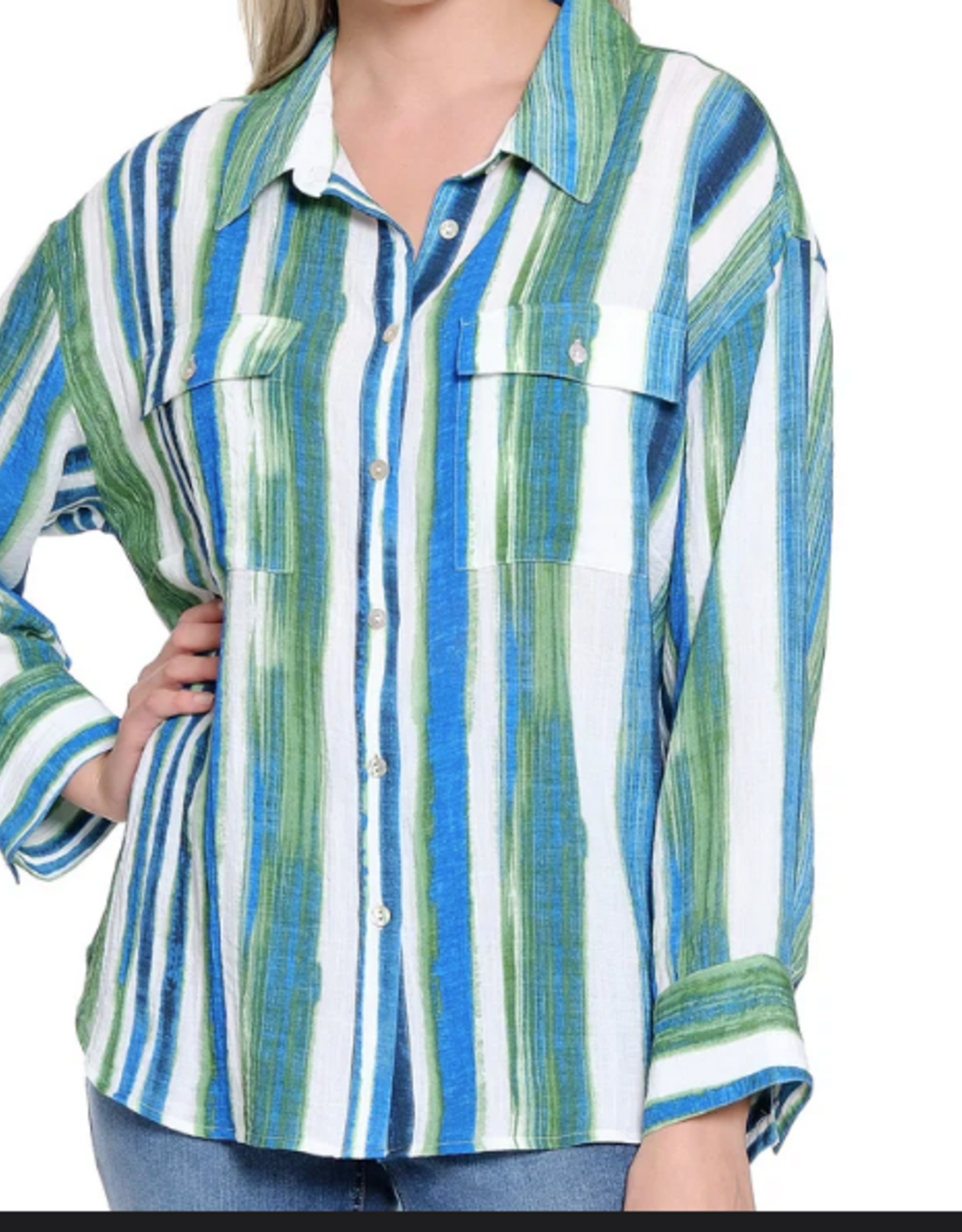 Tru Luxe Tru Luxe Green  painted Stripe Button Up L/S Top