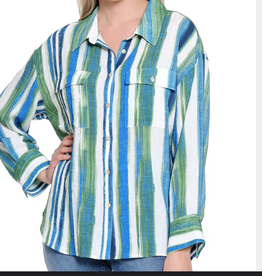 Tru Luxe Tru Luxe Green  painted Stripe Button Up L/S Top