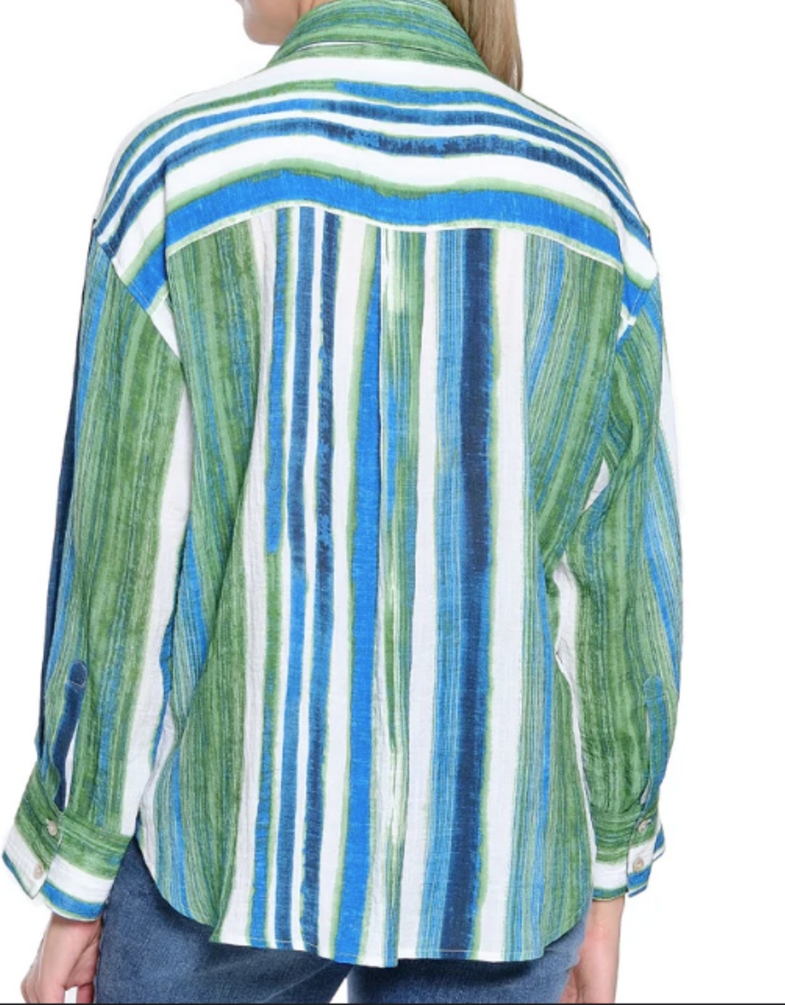 Tru Luxe Tru Luxe Green  painted Stripe Button Up L/S Top