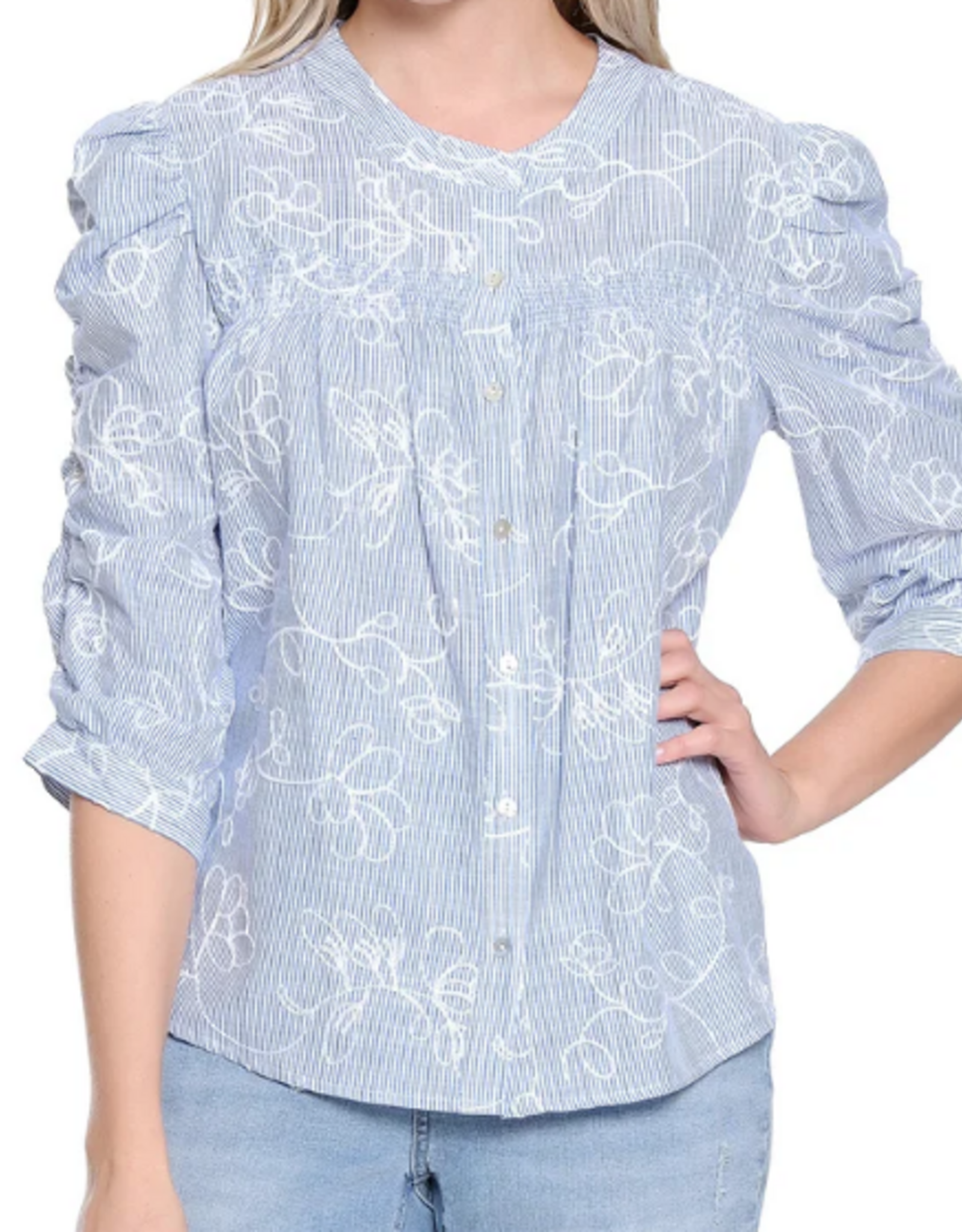 Tru Luxe Tru Luxe  Blue Stripe 3/4 Smock Sleeve  Button Up Top