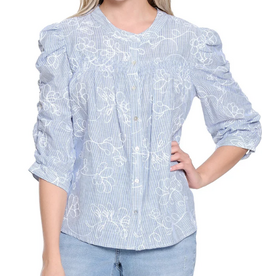 Tru Luxe Tru Luxe  Blue Stripe 3/4 Smock Sleeve  Button Up Top