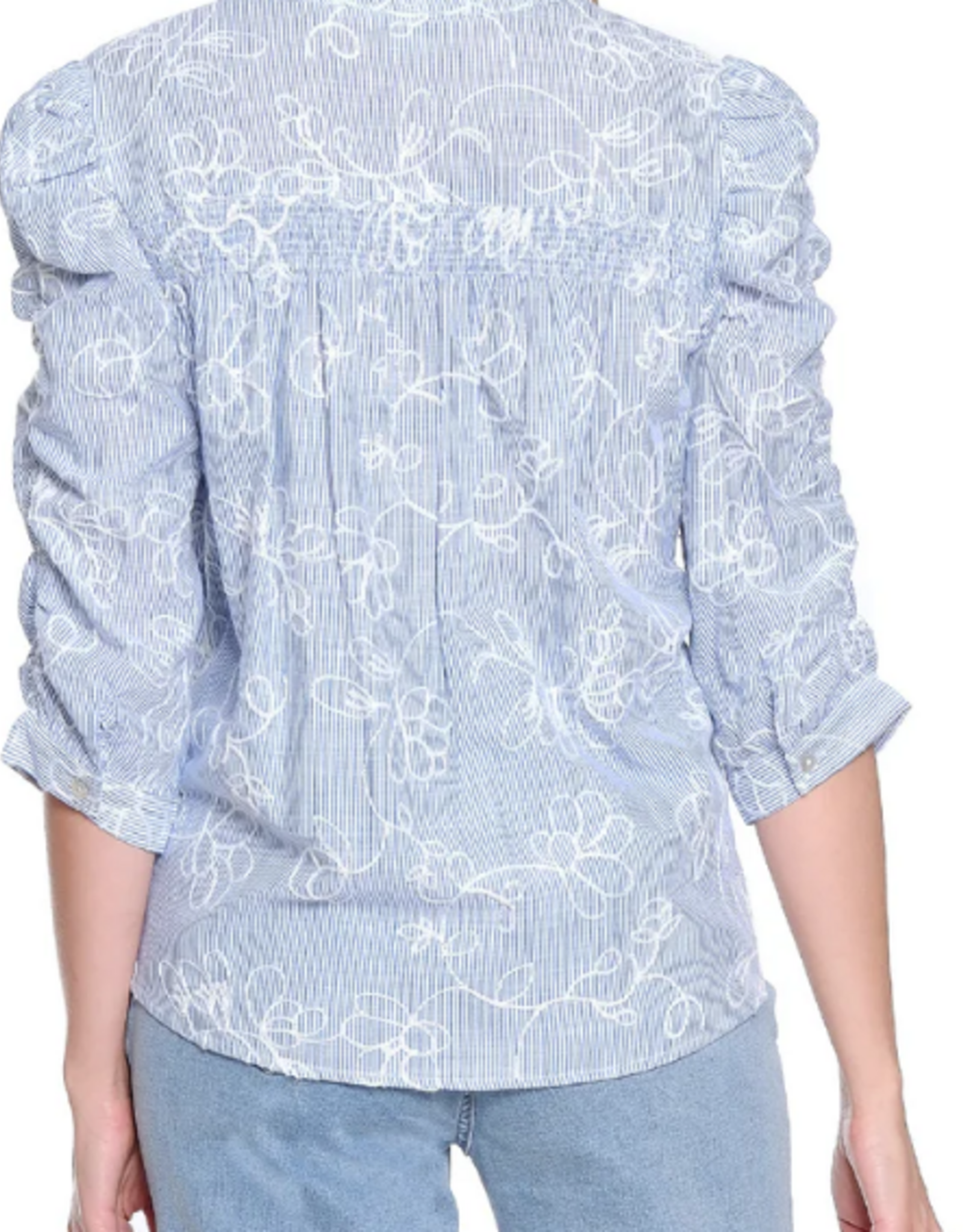 Tru Luxe Tru Luxe  Blue Stripe 3/4 Smock Sleeve  Button Up Top