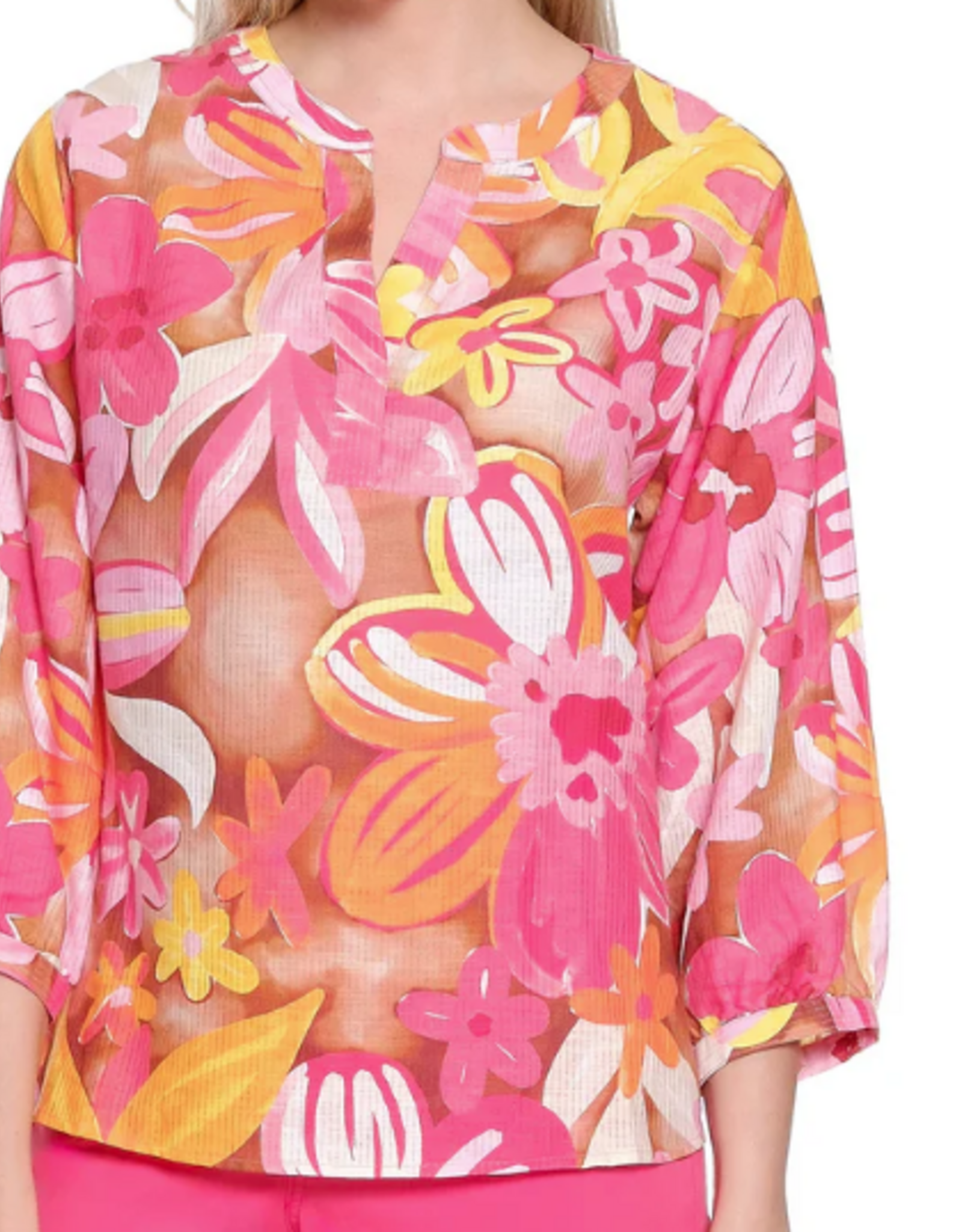 Tru Luxe Tru Luxe Pink Large Floral Print V-Neck  3/4 Sleeve Top