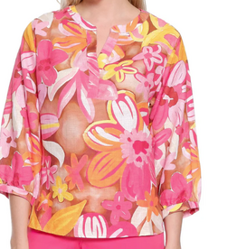 Tru Luxe Tru Luxe Pink Large Floral Print V-Neck  3/4 Sleeve Top