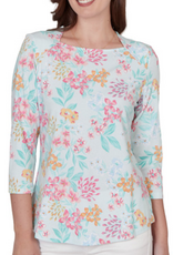 Ruby Rd Ruby Road Sea Glass Multi Floral 3/4 Sleeve Petite Top