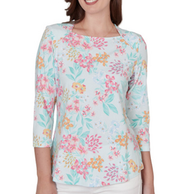Ruby Rd Ruby Road Sea Glass Multi Floral 3/4 Sleeve Petite Top