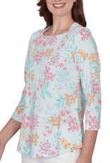Ruby Rd Ruby Road Sea Glass Multi Floral 3/4 Sleeve Petite Top
