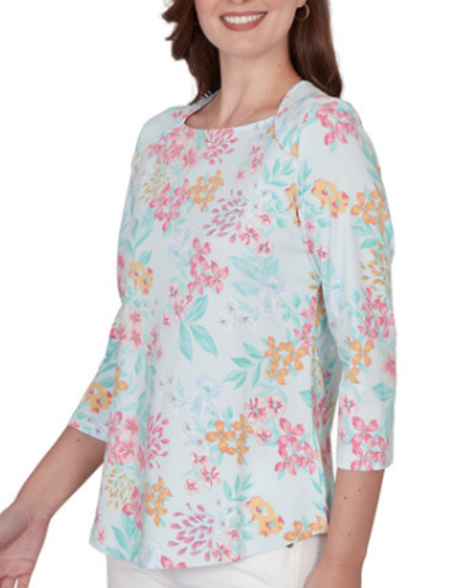Ruby Rd Ruby Road Sea Glass Multi Floral 3/4 Sleeve Petite Top