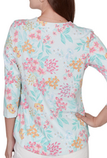 Ruby Rd Ruby Road Sea Glass Multi Floral 3/4 Sleeve Petite Top