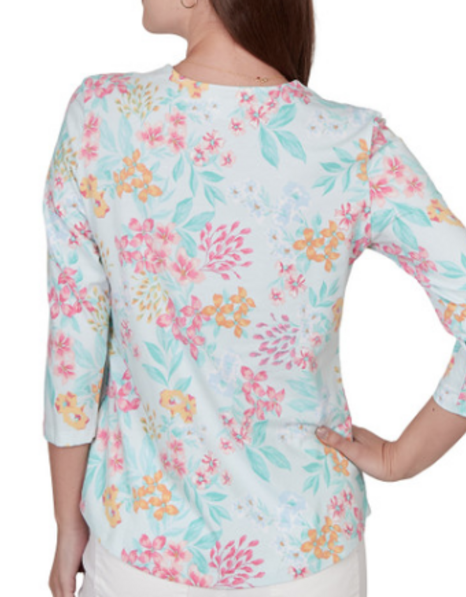 Ruby Rd Ruby Road Sea Glass Multi Floral 3/4 Sleeve Petite Top