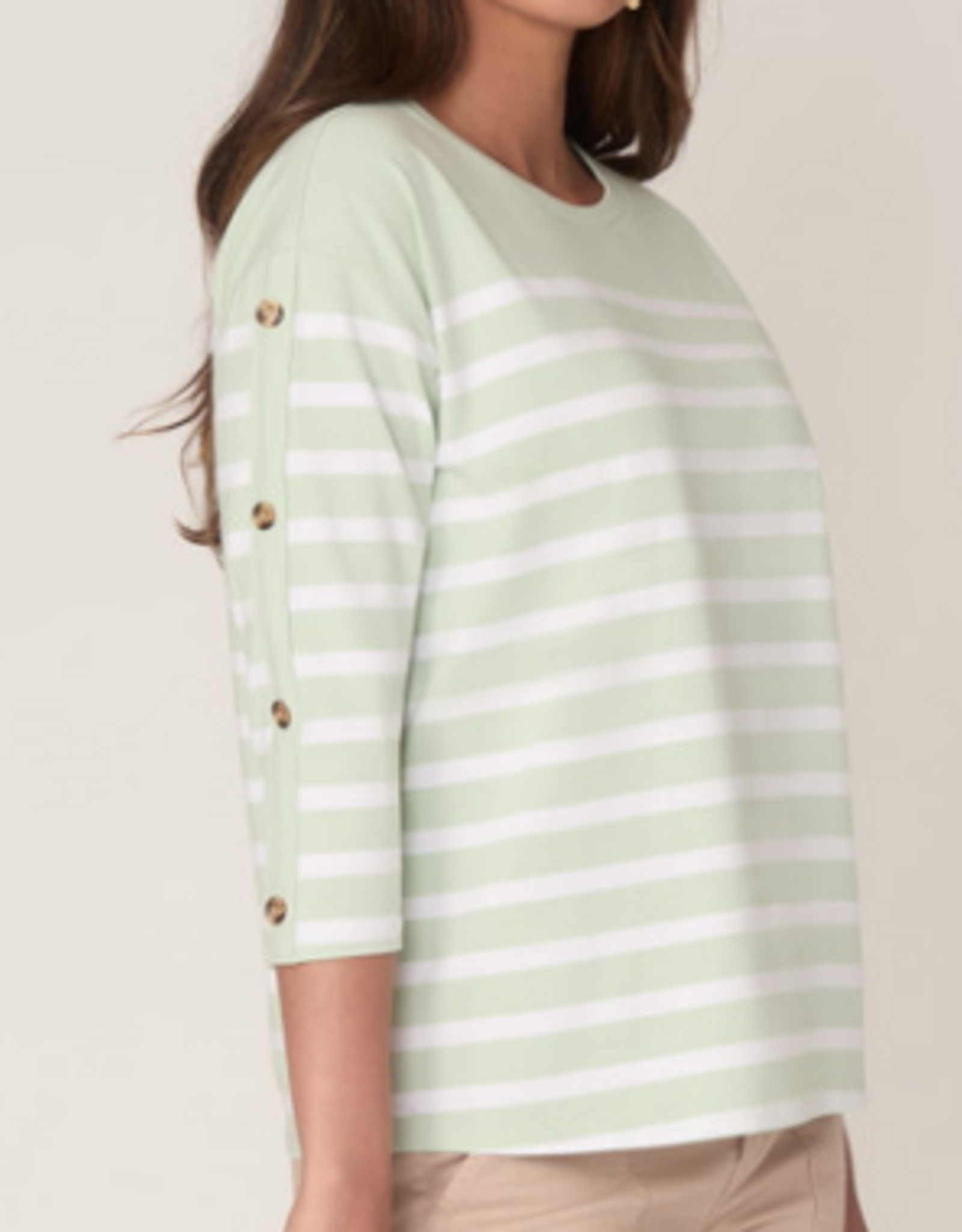 Ruby Rd Ruby Road  Sea Foam Stripe 3/4 Sleeve Button Detail Petite Top