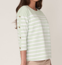 Ruby Rd Ruby Road  Sea Foam Stripe 3/4 Sleeve Button Detail Petite Top