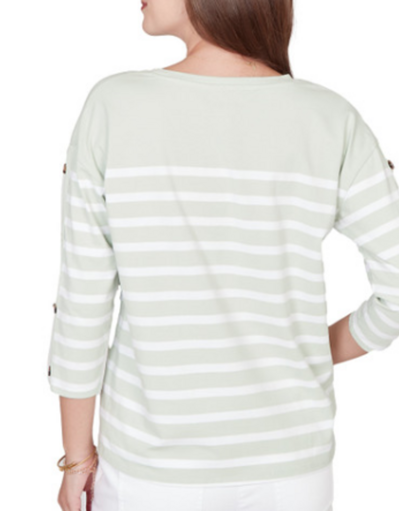 Ruby Rd Ruby Road  Sea Foam Stripe 3/4 Sleeve Button Detail Petite Top