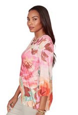 Ruby Rd Ruby Road Pink Rose Print Scalloped Neckline 3/4 Sleeve Petite Top