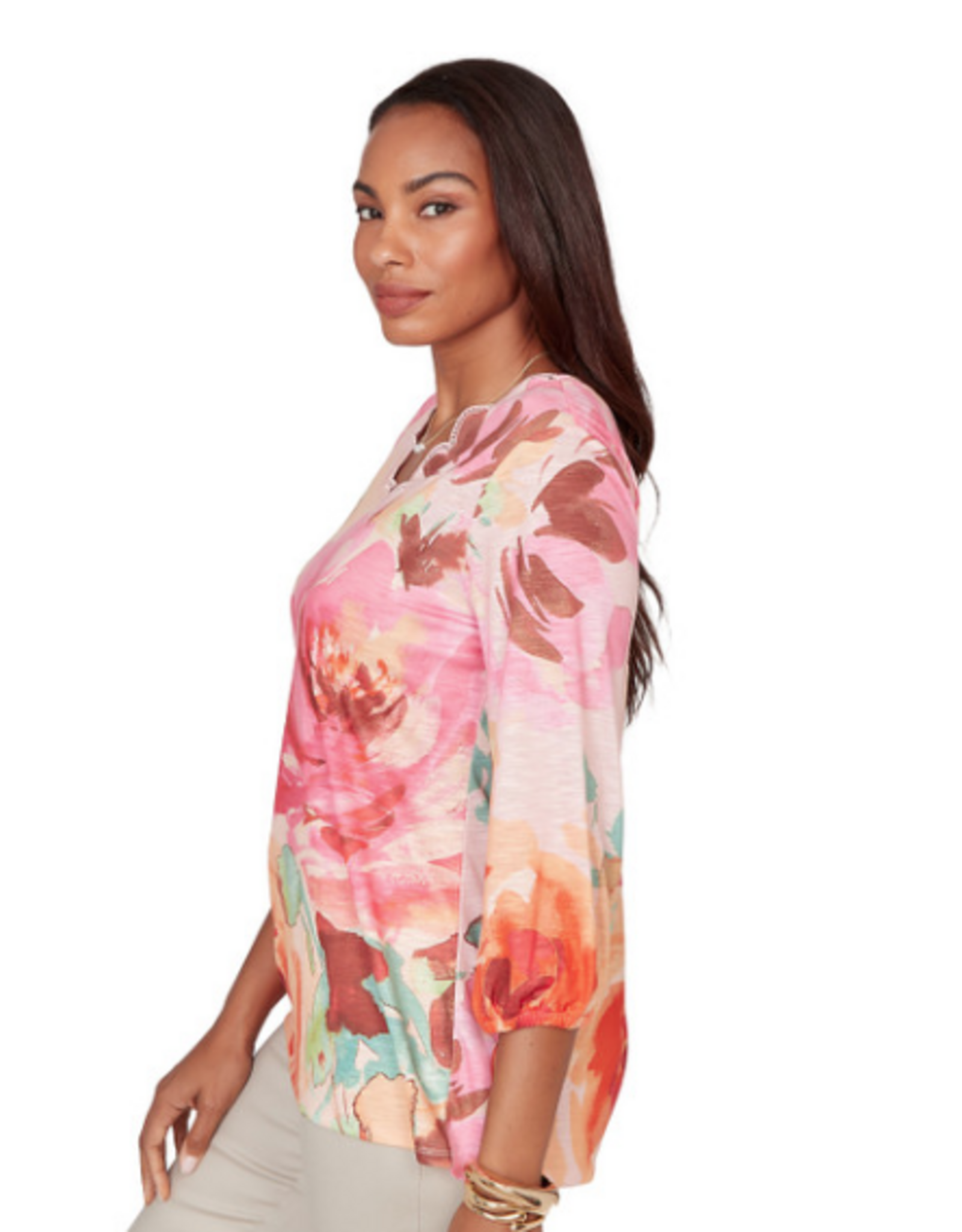 Ruby Rd Ruby Road Pink Rose Print Scalloped Neckline 3/4 Sleeve Petite Top