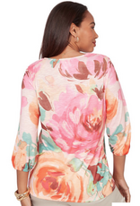 Ruby Rd Ruby Road Pink Rose Print Scalloped Neckline 3/4 Sleeve Petite Top