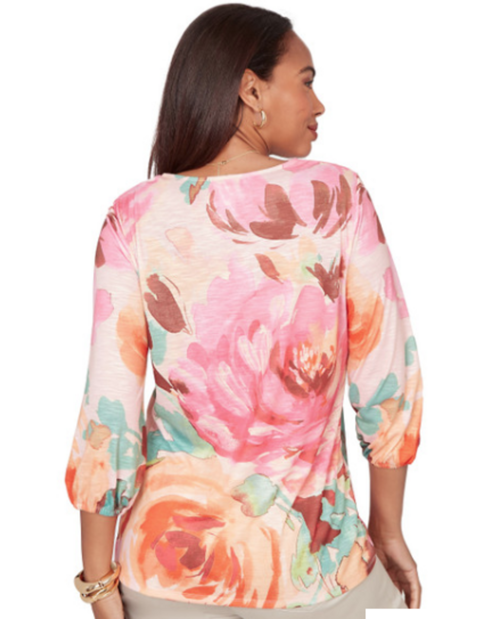 Ruby Rd Ruby Road Pink Rose Print Scalloped Neckline 3/4 Sleeve Petite Top