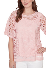 Ruby Rd Ruby Road  Light Rose Crochet 2-Piece  3/4 Sleeve Petite Top