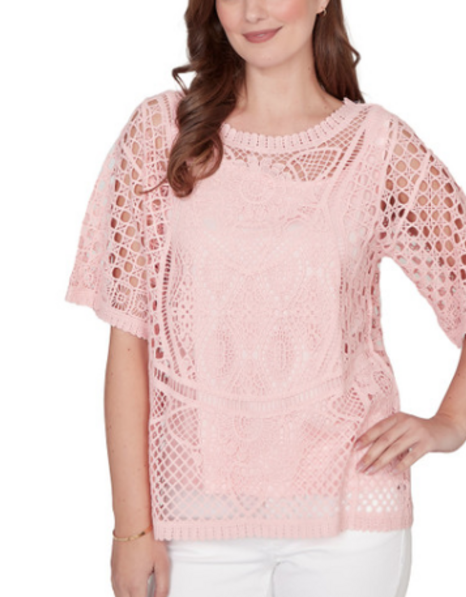 Ruby Rd Ruby Road  Light Rose Crochet 2-Piece  3/4 Sleeve Petite Top