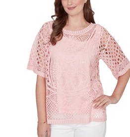 Ruby Rd Ruby Road Light Rose Crochet 2-Piece  3/4 Sleeve Petite Top