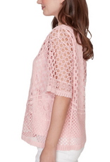 Ruby Rd Ruby Road  Light Rose Crochet 2-Piece  3/4 Sleeve Petite Top