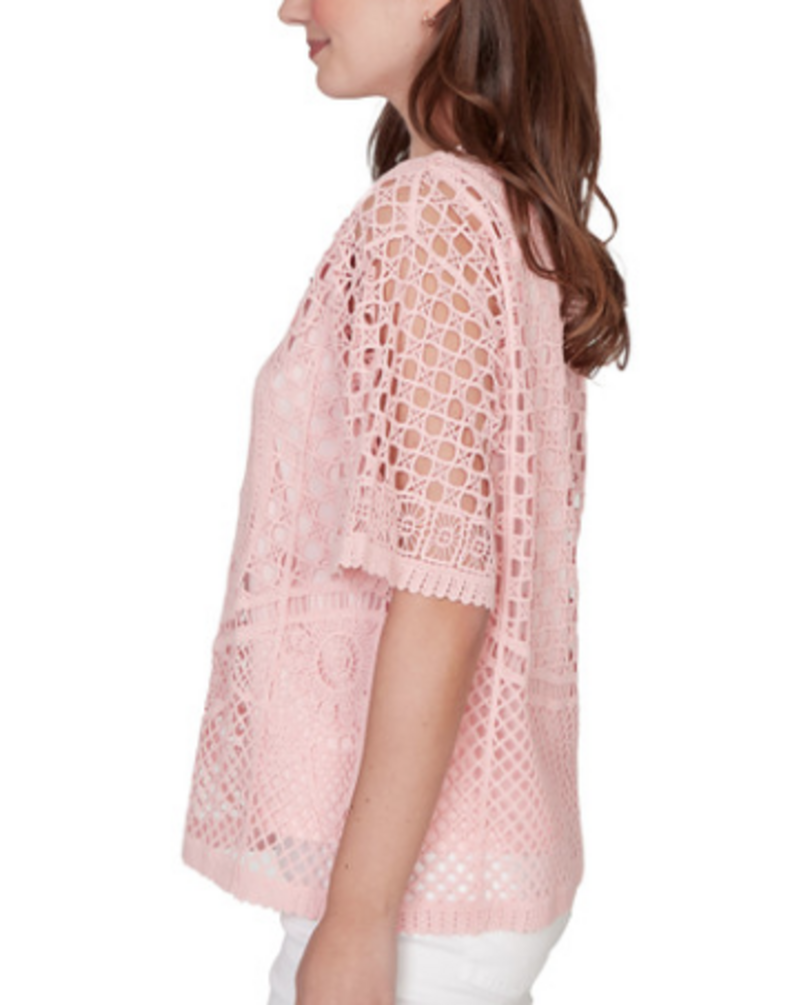 Ruby Rd Ruby Road  Light Rose Crochet 2-Piece  3/4 Sleeve Petite Top