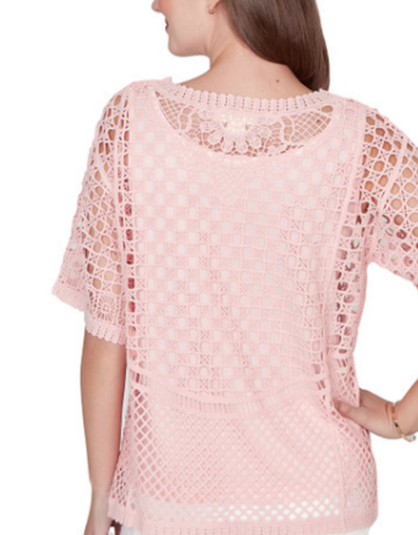 Ruby Rd Ruby Road  Light Rose Crochet 2-Piece  3/4 Sleeve Petite Top