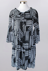 Keren Hart Keren Hart Blk/Wht Print Round Neck Tie Detail 3/4 Sleeve Dress
