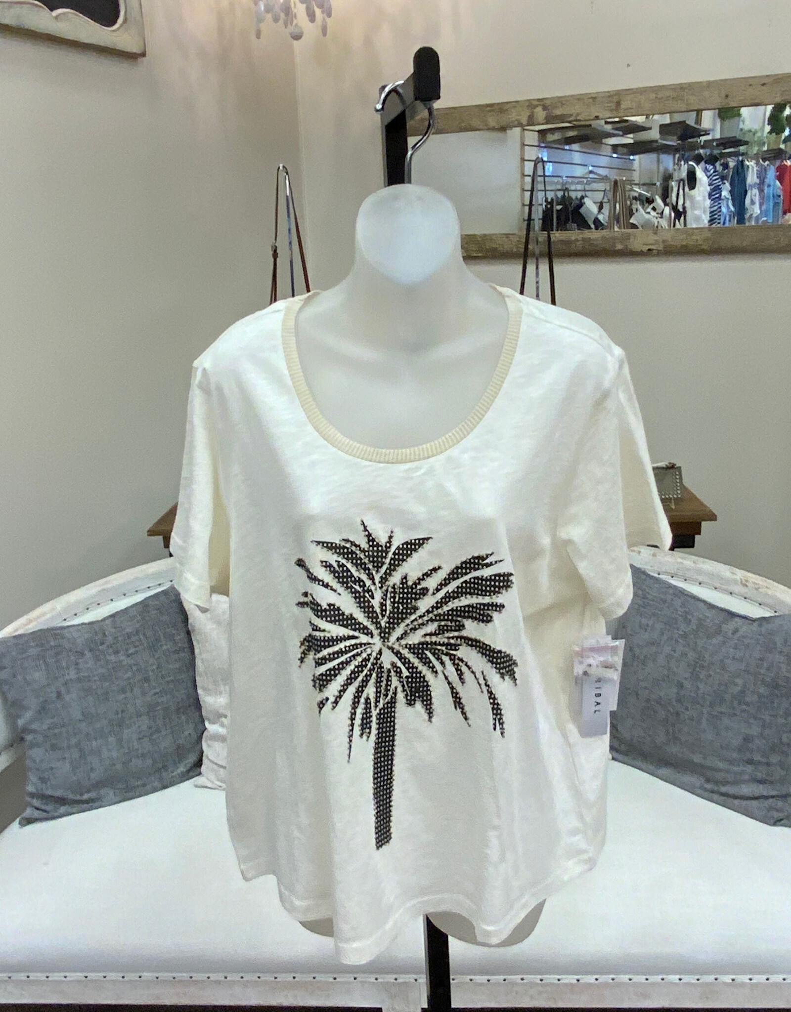Democracy Tribal Round Neck Canvas  Palm Tree Graphic  S/S Top