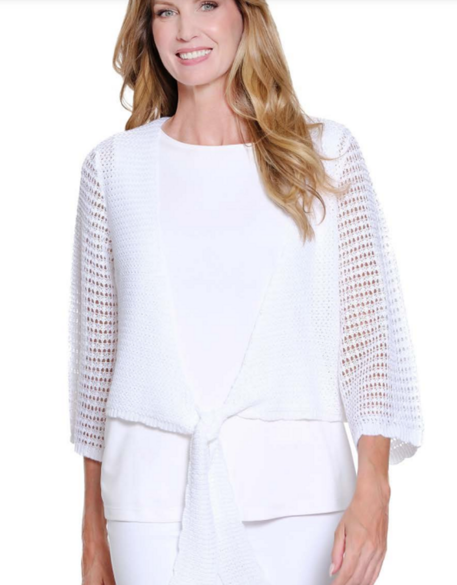 Multiples Multiples White  Tie Front 3/4 Sleeve Cardigan