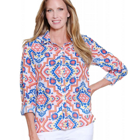 Multiples Multiples Multi Color Roll Tab Sleeve Button Up  Top