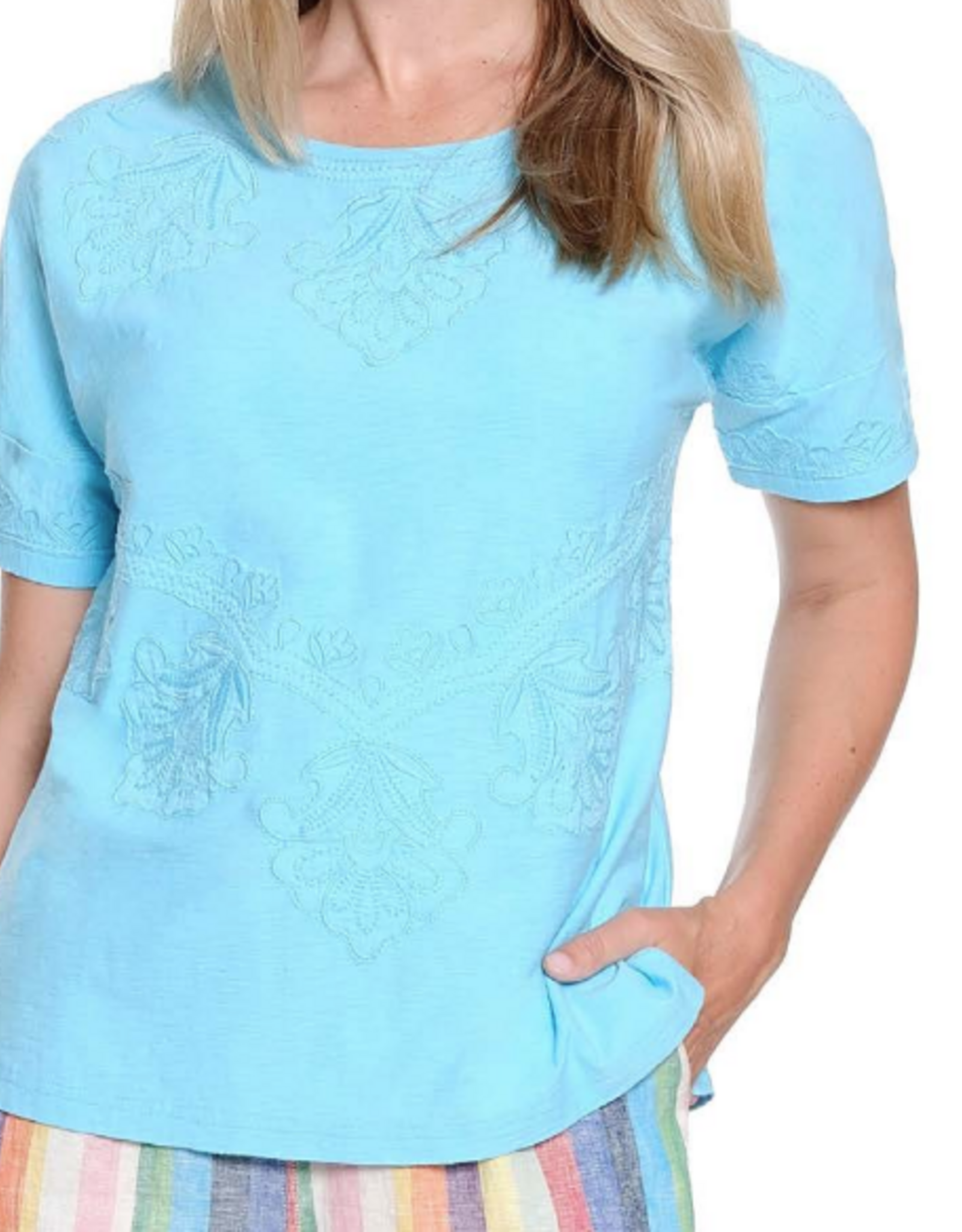 Ala Carte A La Carte L16413TM Turquoise Applique Front Short Sleeve Knit Top