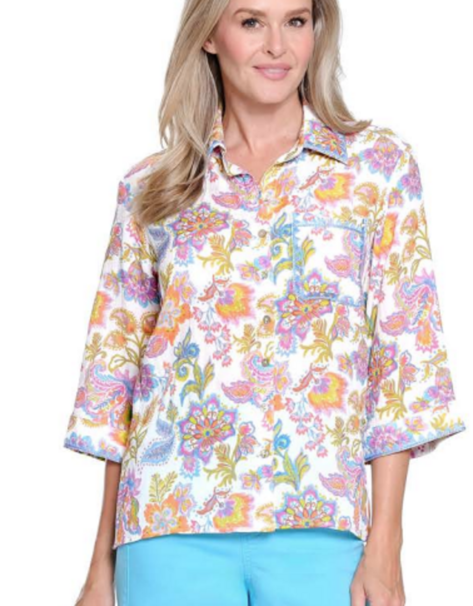Ala Carte A La Carte Multi Color Button Up Crochet Trim Top