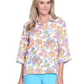 Ala Carte A La Carte Multi Color Button Up Crochet Trim Top