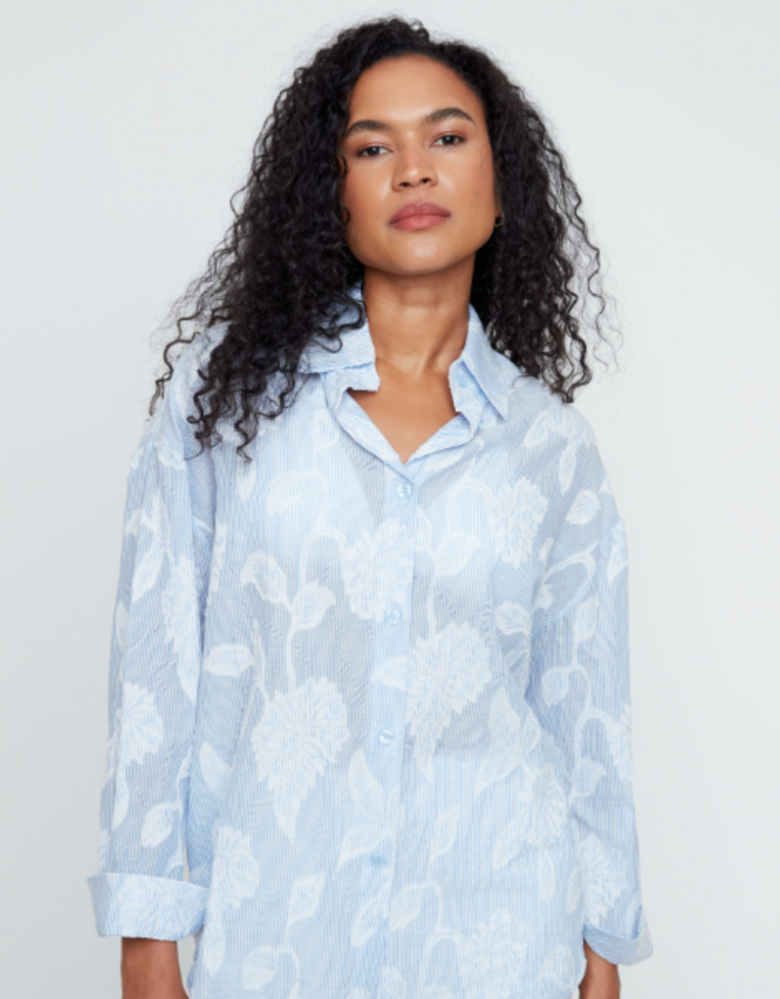 Renuar Renuar  Blue Combo Stripe w/ Floral Applique Button Up L/S Top