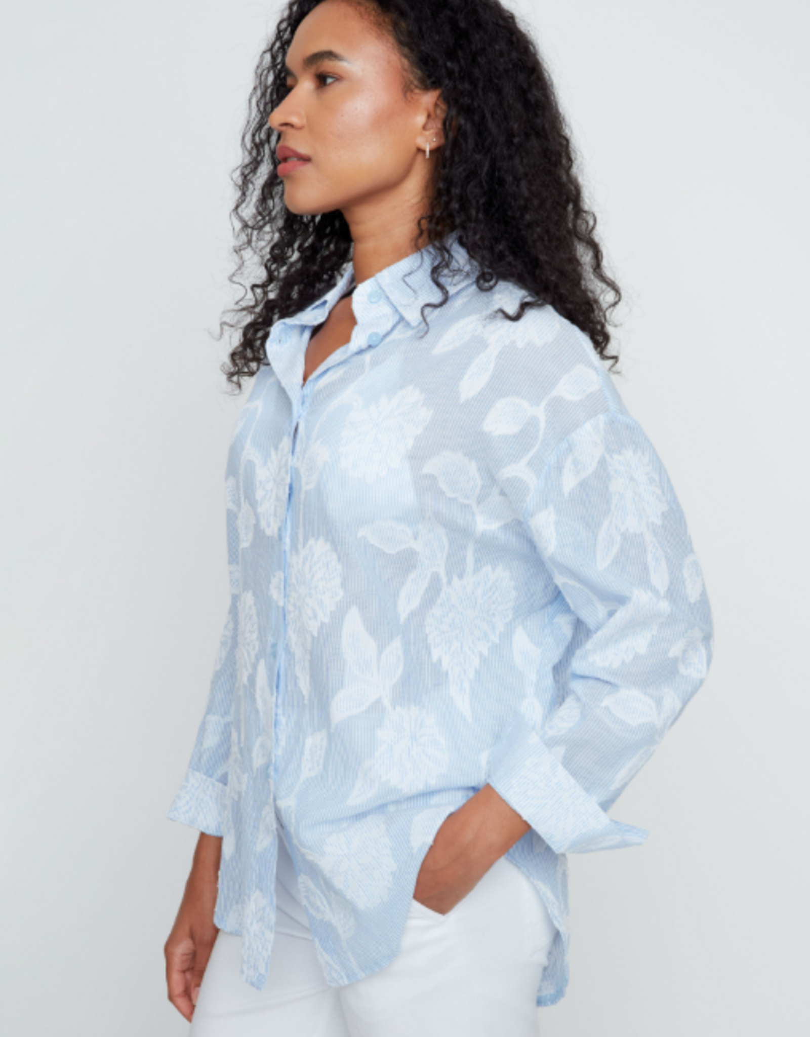 Renuar Renuar  Blue Combo Stripe w/ Floral Applique Button Up L/S Top