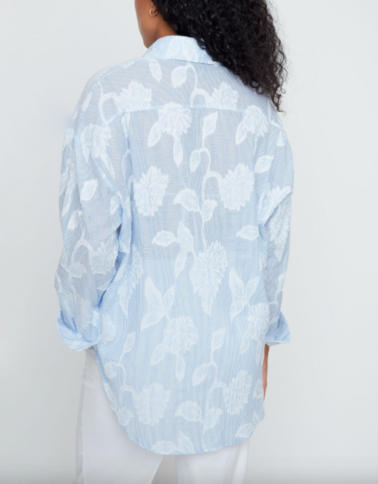 Renuar Renuar  Blue Combo Stripe w/ Floral Applique Button Up L/S Top