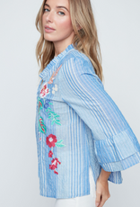 Renuar Renuar Blue Combo Stripe Embroidered Print  V-Neck Button Up Top