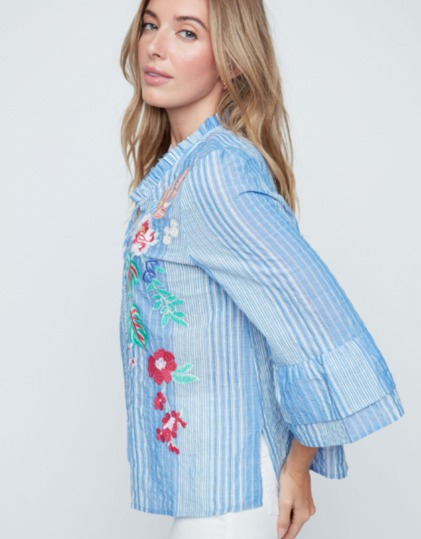 Renuar Renuar Blue Combo Stripe Embroidered Print  V-Neck Button Up Top
