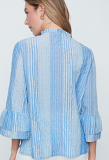 Renuar Renuar Blue Combo Stripe Embroidered Print  V-Neck Button Up Top