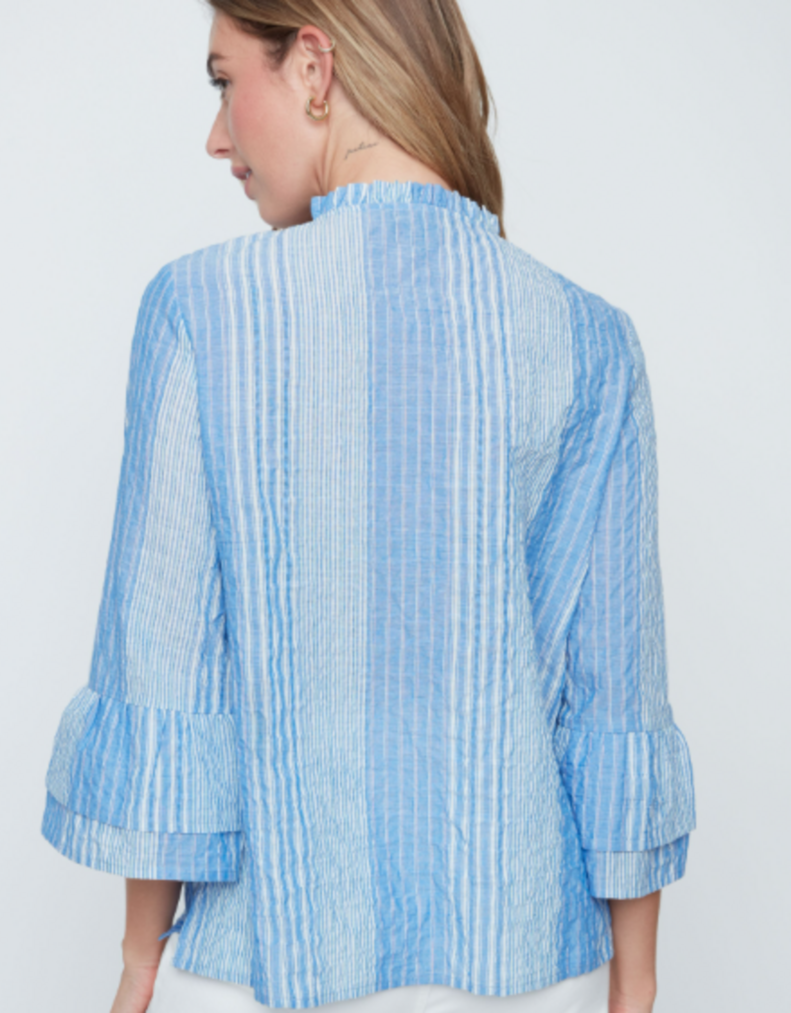 Renuar Renuar Blue Combo Stripe Embroidered Print  V-Neck Button Up Top