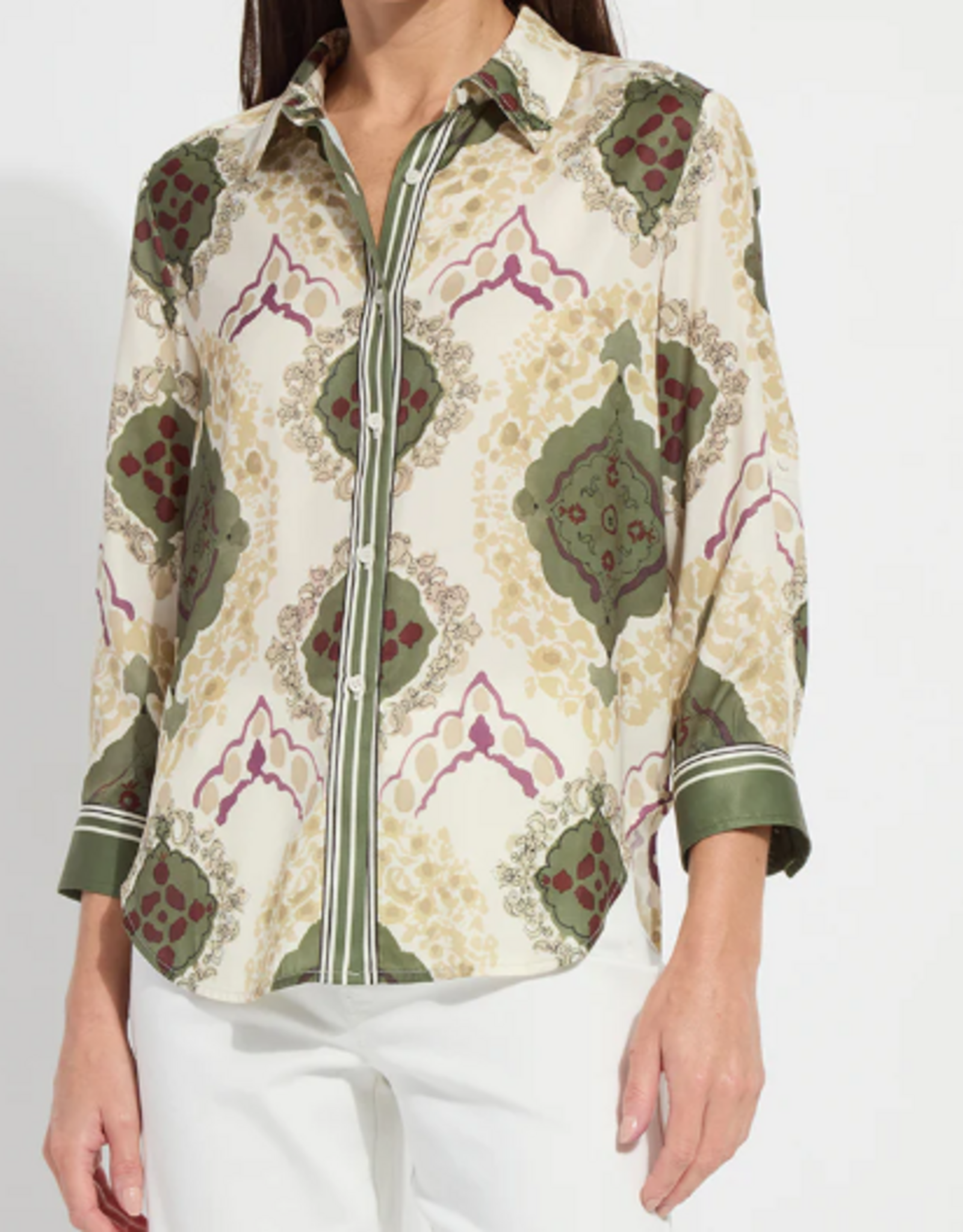 Lysse Lysse Ishani Print Button Up Roll Tab Sleeve Top