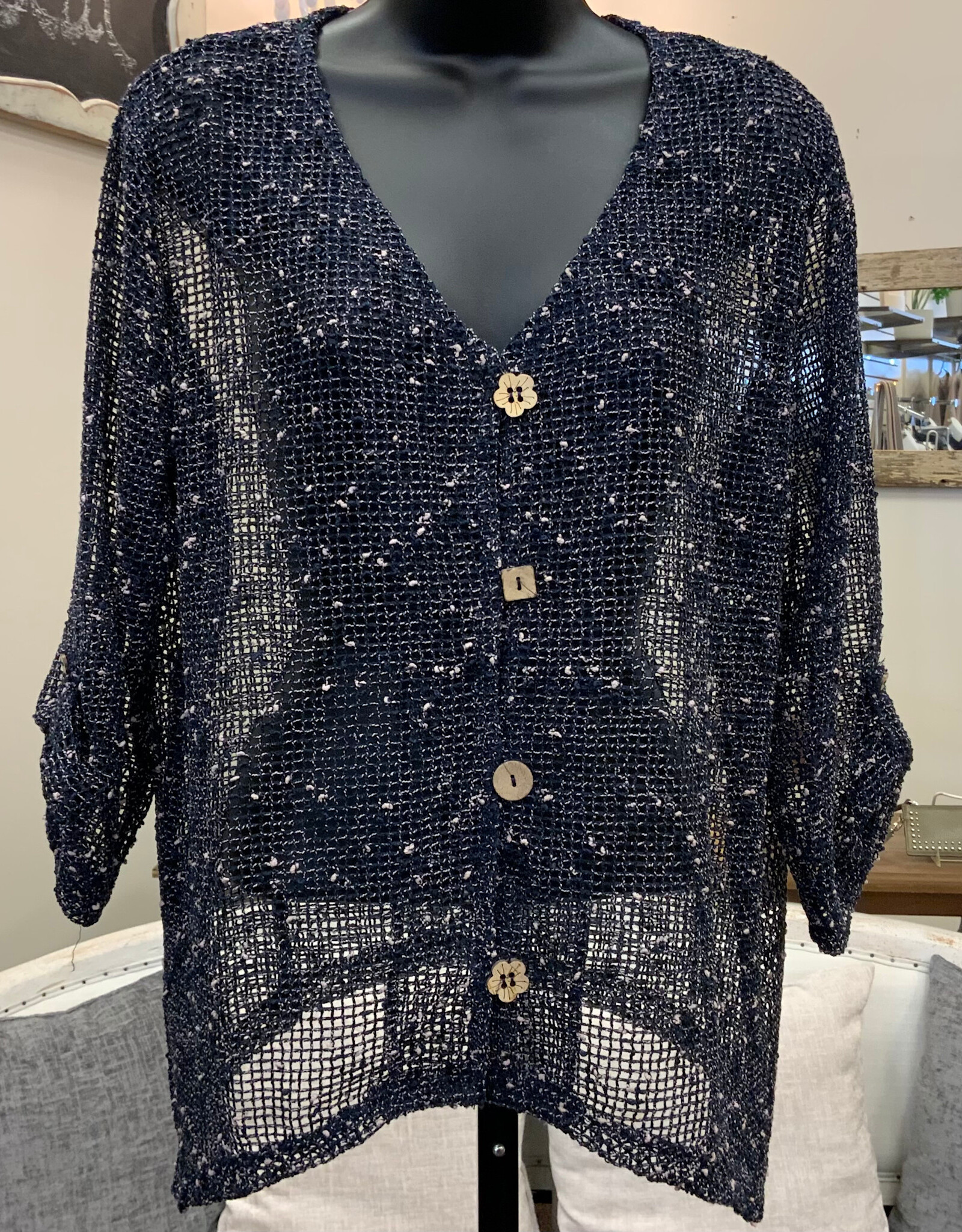 Papillon Papillon Navy Mesh Wooden Buttons 3/4 Tab Sleeve Cardigan