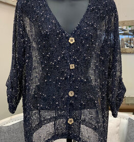 Papillon Papillon Navy Mesh Wooden Buttons 3/4 Tab Sleeve Cardigan