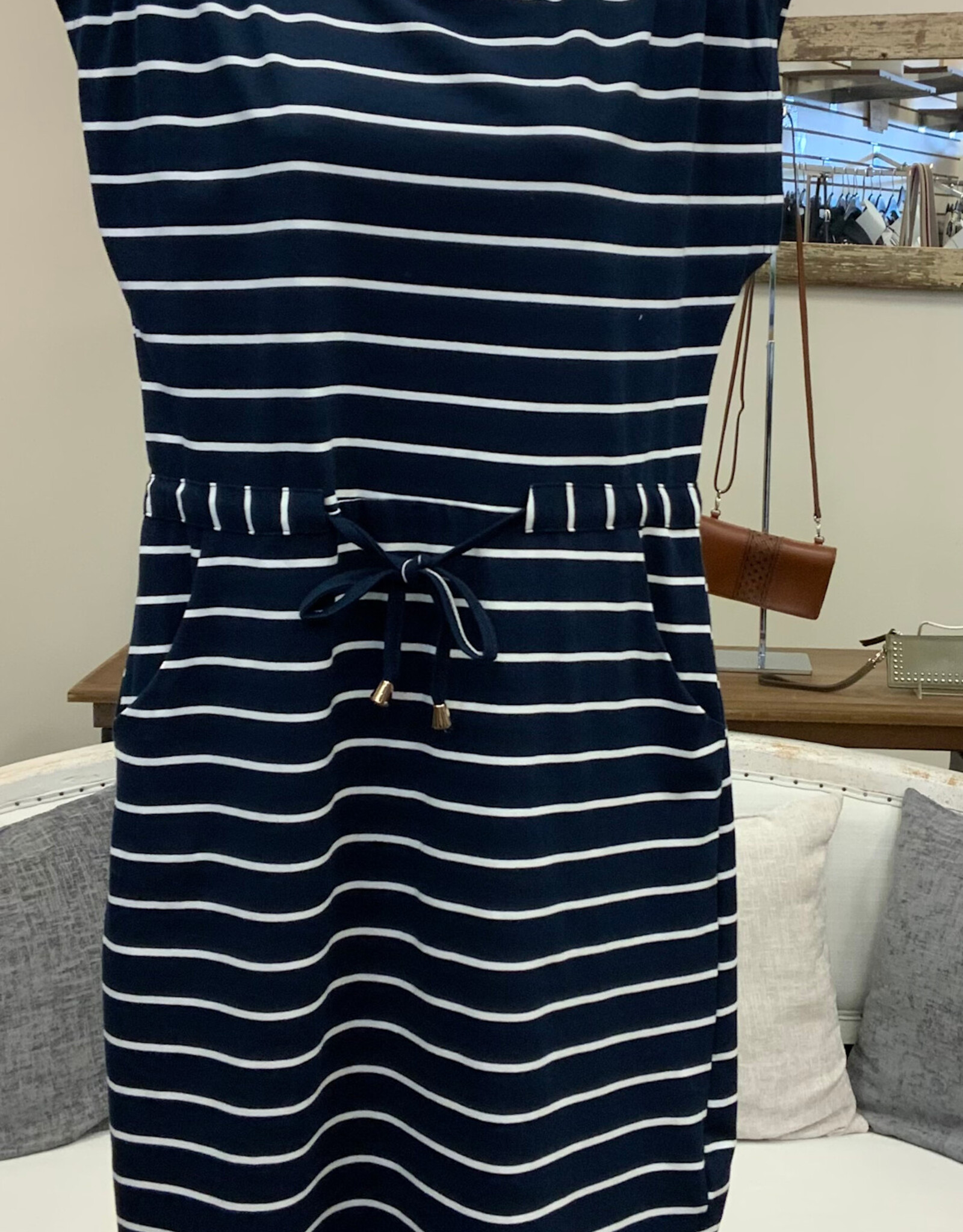 Papillon Papillon  Navy Stripe Short Sleeve  Drawstring Knit Shift Dress