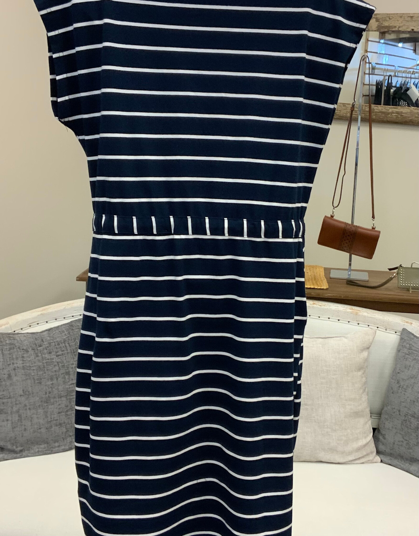 Papillon Papillon  Navy Stripe Short Sleeve  Drawstring Knit Shift Dress