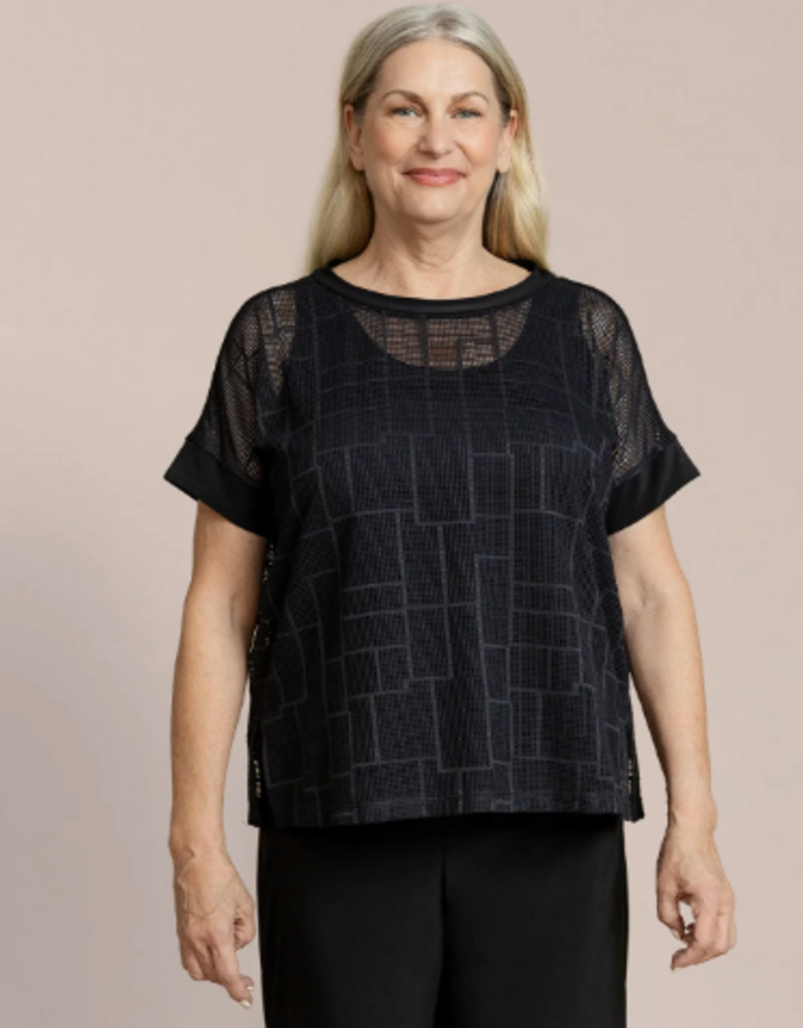 Sympli SYMPLI  Abstract Black Honeycomb Mesh  Short Sleeve Top